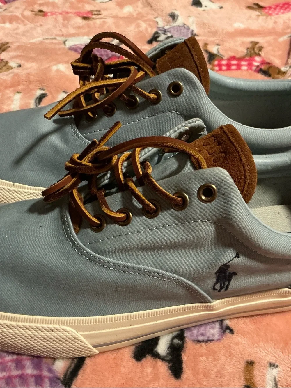 Polo by Ralph Lauren Men’s Light Blue Canvas Boat Shoes with Brown Trim